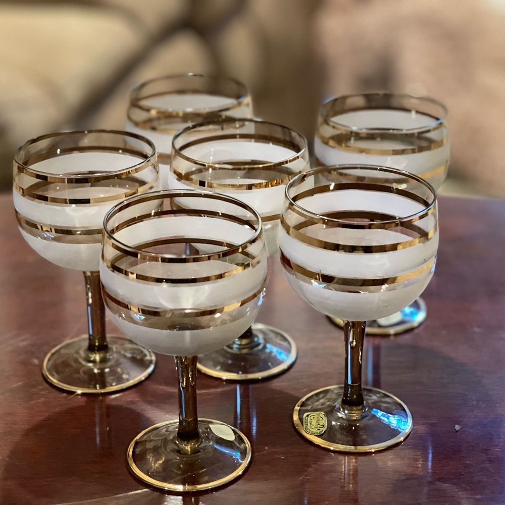 Bohemia crystal cordial glasses.  6- Frosted and Gold rimmed.